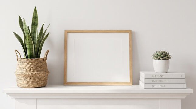 Blank Horizontal Wood Frame Mockup with Snake Plant and Books on Mantel