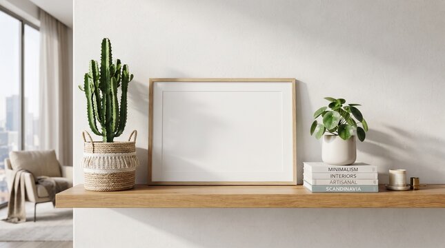 Blank Horizontal Wood Frame Mockup on Shelf with Cactus and Pilea Plant