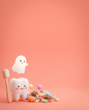 Happy Tooth and Friendly Ghost Halloween Oral Hygiene Concept for Pediatric Dentistry