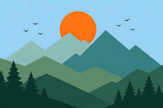 Flat mountain landscape with sunset. Minimalist vector illustration of nature scenery.