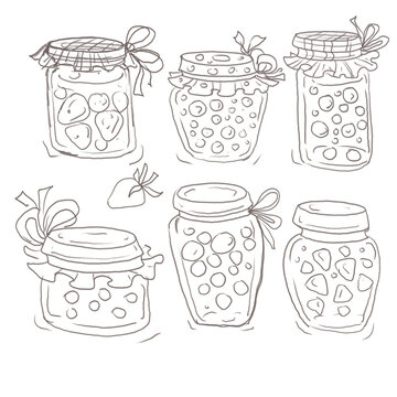 Cozy hand drawn fruit jam glass jars illustration. Cute cartoon style sweet berry jelly, organic marmalade and autumn harvest preserves isolated on white background.