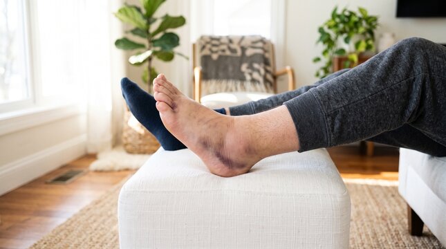 Swollen ankle with heavy bruising resting on a white footstool in a living room