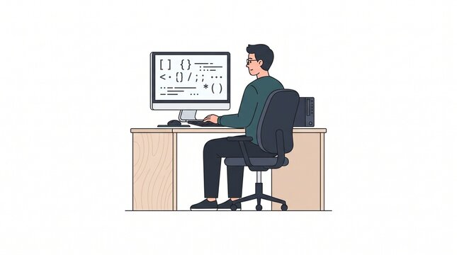 Clipart of Programmer Coding at a Computer Workstation