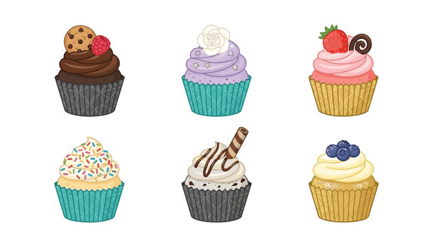  Delicious Cupcake Vector Icon Set with Sweet Frosting, Colorful Sprinkles, Fresh Berries, and Chocolate Toppings for Bakery Menu