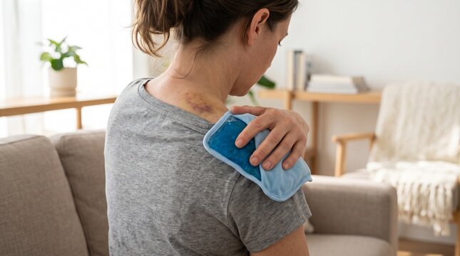 Woman applying cold gel pack to shoulder for muscle pain relief