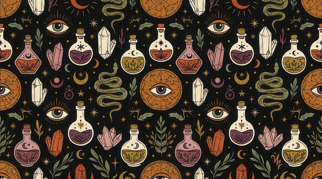 Seamless pattern with mystical elements including snakes, potion bottles, crystals, and celestial eyes on black