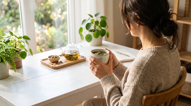 Woman holding a warm herbal drink in a bright sunny room