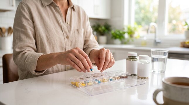 Woman organizing daily prescription pills into a weekly plastic medication box