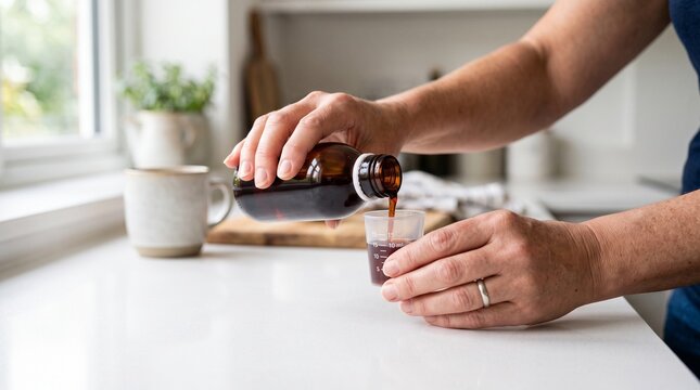Woman pouring dark liquid medicine from glass bottle into small measuring cup