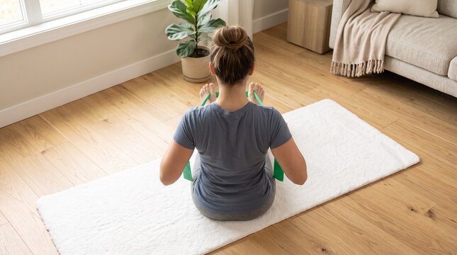 Woman performing seated exercise with resistance band on yoga mat