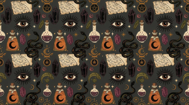 Seamless pattern with mystical occult symbols including snakes, potion bottles, crystals, and eyes