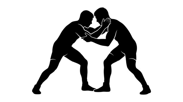 Two wrestlers in silhouette facing each other in a grappling stance