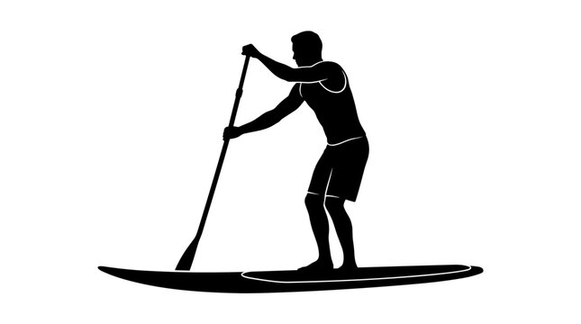 Silhouette of a man paddleboarding on a calm body of water with a paddle