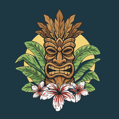 Beach club. Endless summer artwork. Tropical vintage design. Tiki mask print for t shirt. Aloha spirit.. Tiki mask vintage print design for t shirt. E © panji