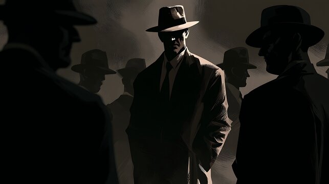 Group of mysterious men in fedoras and trench coats in a dark alley