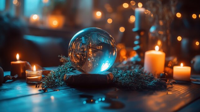 Divination ball reflects blue light on a rustic table decorated with lit candles and green pine branches.