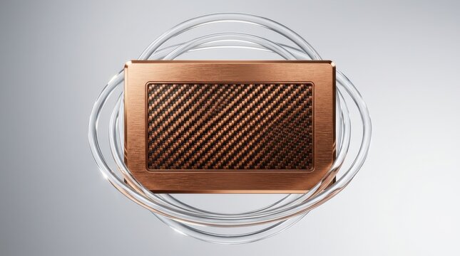 Top view bronze metal card positioned inside glass ripple rings with textured