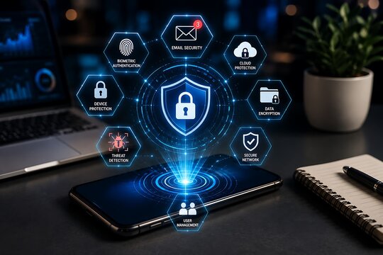 Digital cybersecurity protection concept with shield icon and various security system network nodes displayed on a smartphone screen in a dark modern office workplace
