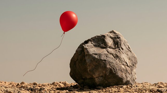 Red balloon floating near a large rock in a desert landscape