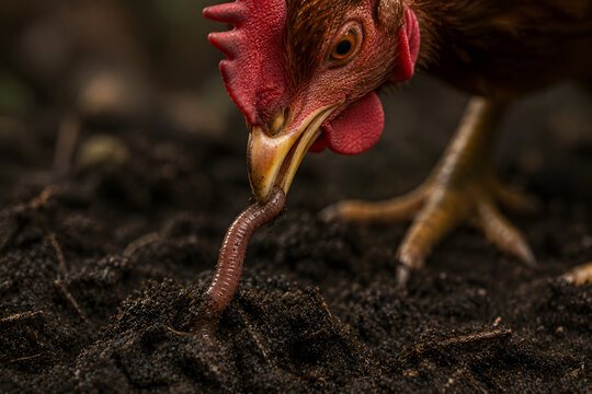Chicken Pecking an Earthworm in Close Up