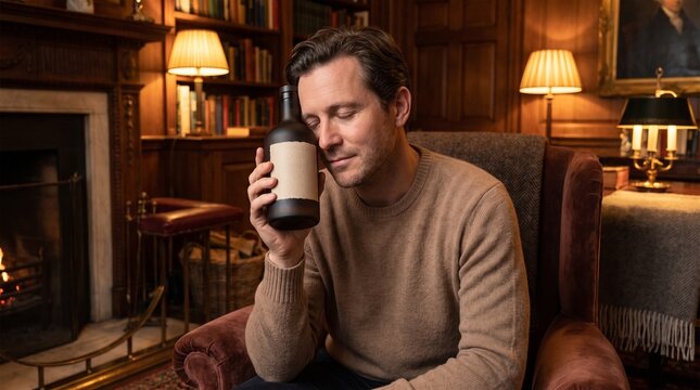 Middle-aged man sipping coffee in cozy dimly-lit home interior with warm lighting and leather sofa