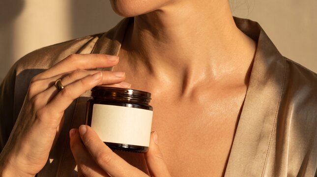 Close-up of mature woman applying luxury anti-aging serum to neck and d&eacute;colletage area