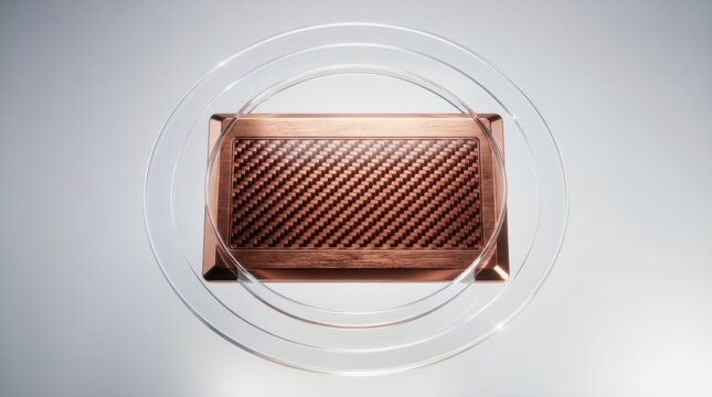 Textured copper plate centered behind transparent curved glass ring composition