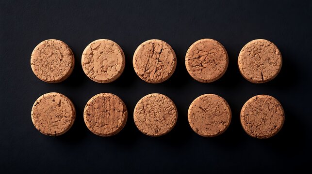 Top view of ten wine corks arranged in two rows on a dark background