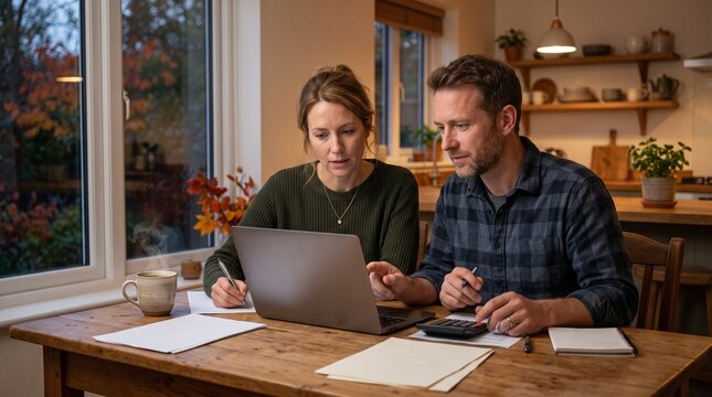 Couple Reviewing Household Finances and Taxes on Laptop with Calculator at Home