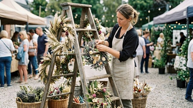Florist arranging dried flower wreaths on a ladder at an outdoor market stall
