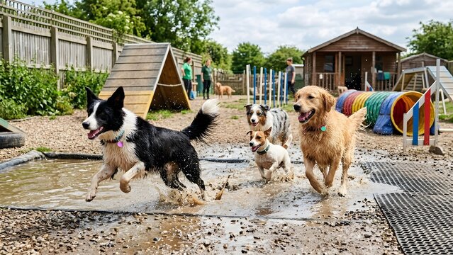 Joyful dogs splashing through muddy puddles at a doggy daycare play area.