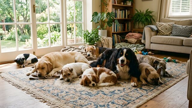 A diverse group of dogs relaxing on a patterned rug in a sunlit living room, some sleeping peacefully.