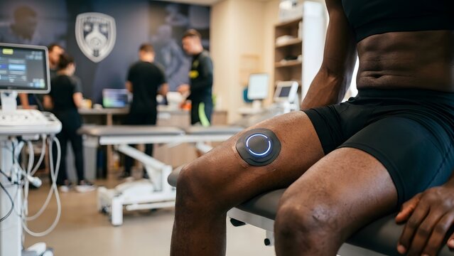 Athlete wearing a biometric sensor device on their thigh in a sports science lab with medical equipment in the background.
