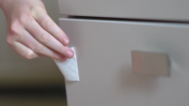 A teenager's hand removes tape from a drawer on a new desk and opens a shelf. High quality FullHD footage