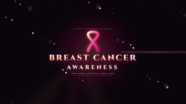 Glowing pink ribbon animated with Breast Cancer Awareness text on dark background