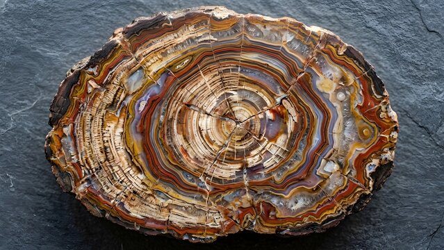 Close-up of a colorful petrified wood slice showing intricate growth rings and mineral patterns on a dark slate background