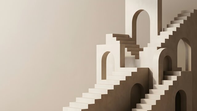 Abstract architectural background with stairs and arches, minimalist design, neutral colors.