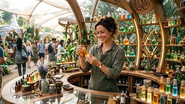 Smiling woman herbalist or apothecary holding a bottle of golden liquid in a natural marketplace stall