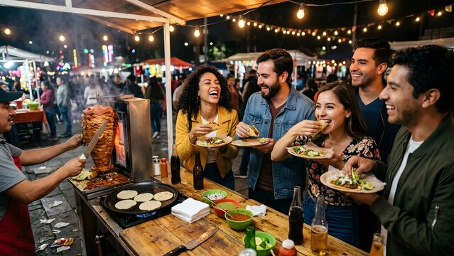 A diverse group of happy friends enjoying delicious tacos at an outdoor night market food stall