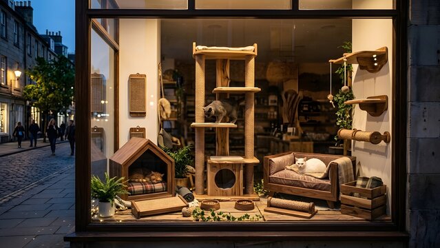 A charming pet shop window display featuring an array of wooden cat furniture, toys, and cozy bedding with cats relaxing.