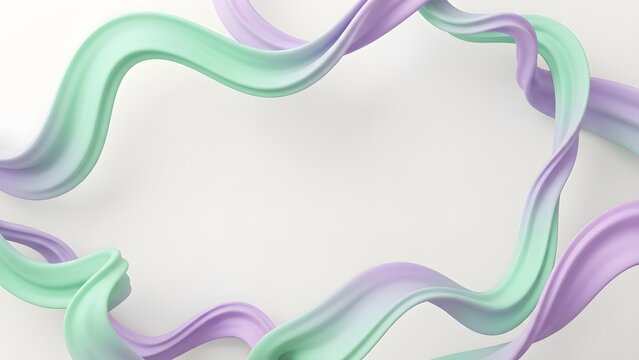 Abstract flowing ribbons of pastel purple and green forming a decorative frame on a white background