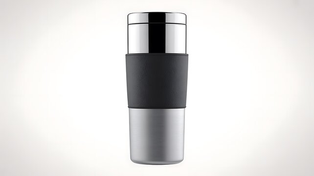 Modern stainless steel travel mug with black rubber grip
