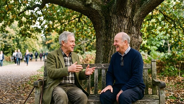 Two elderly men laughing and talking while sitting on a park bench under a large tree in autumn