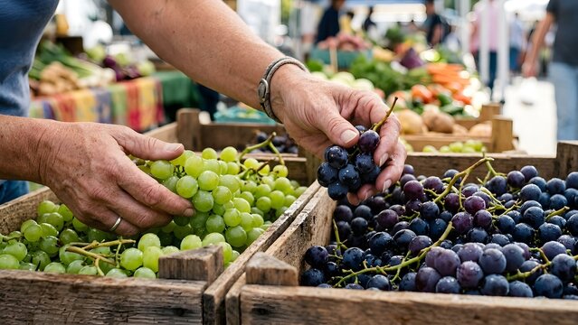 Hands selecting fresh grapes at an outdoor farmers market