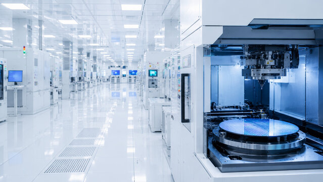 Automated semiconductor wafer processing equipment in modern cleanroom fab