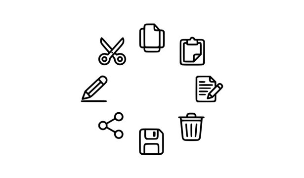 Digital Productivity Action Icons Cut Copy Paste Rename Share Save Delete Rounded Line Vector Set
