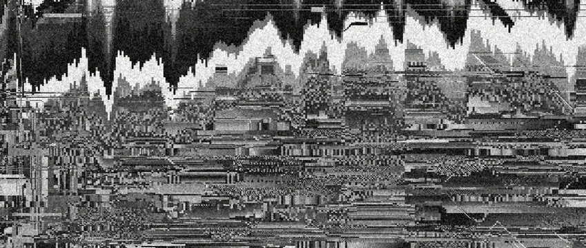Glitch texture of distorted monochrome data features jagged pixel noise and corrupted signal waves, ideal for modern cyberpunk backgrounds, album covers, and digital graphic design