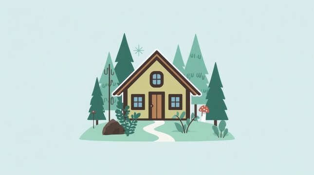 Cozy cabin nestled among evergreen trees with a winding path and mushroom
