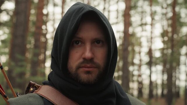 Hooded male archer walks through tall pine forest with serious focused expression, leather quiver and arrow fletchings visible over shoulder, muted daylight and soft bokeh creating woodland mood