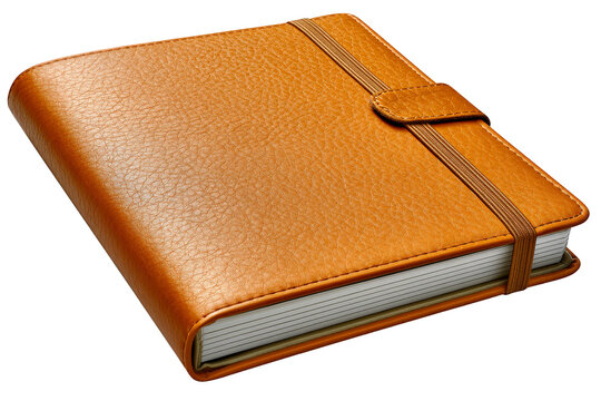 Tan leather notebook or planner closed with elastic band isolated on transparent background
